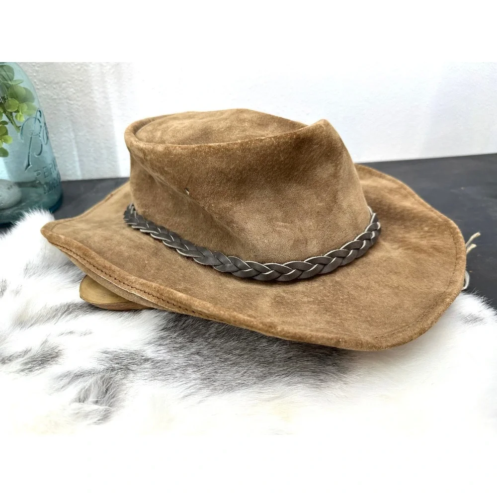 Suede leather outback hat Australia genuine leather tan braided vintage large‎